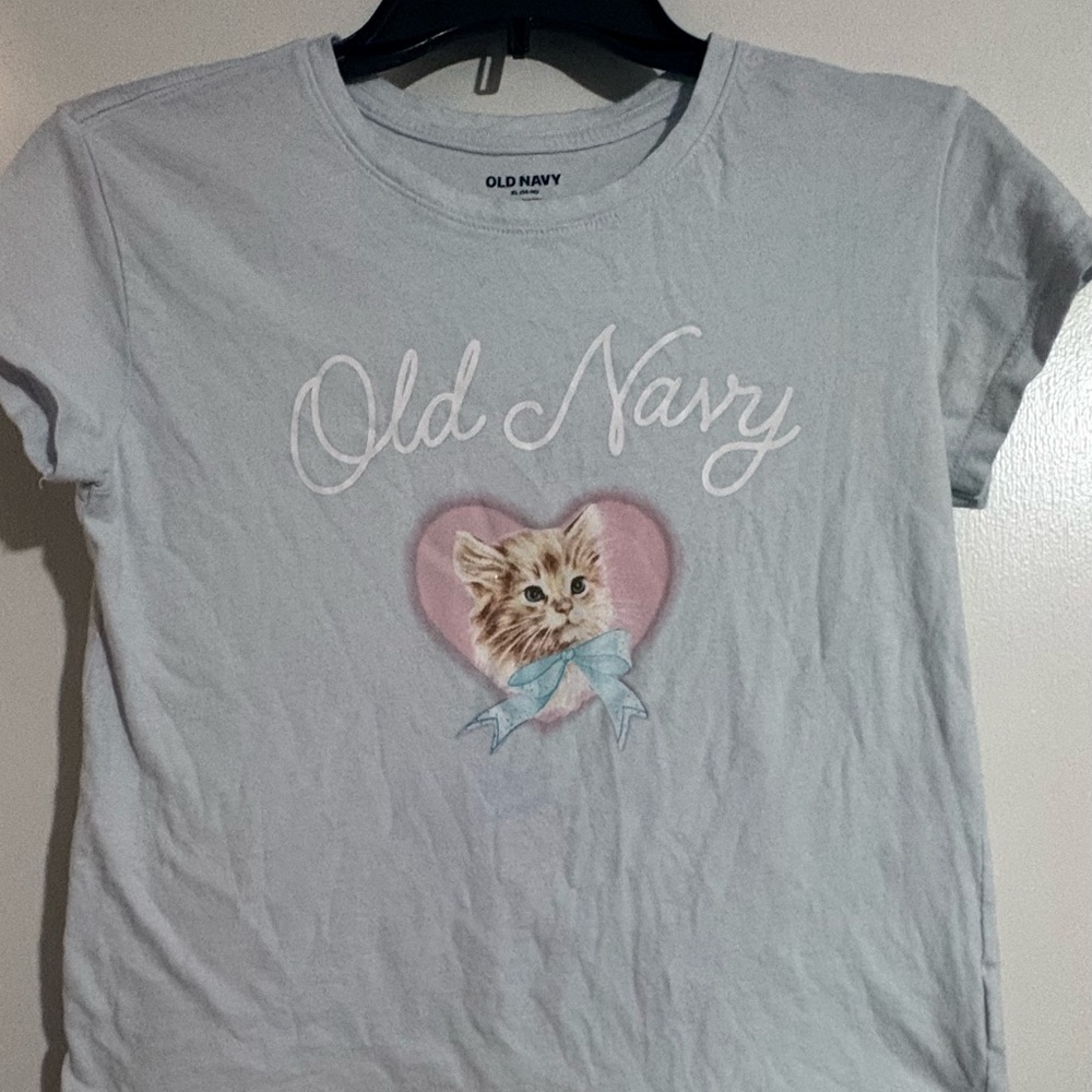 Old Navy Light Blue Kitten Heart Graphic Tee